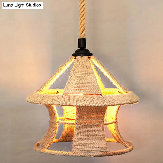 Rustic Hemp Rope Shaded Hanging Light - Brown Restaurant Pendant Fixture With 1 Bulb / J