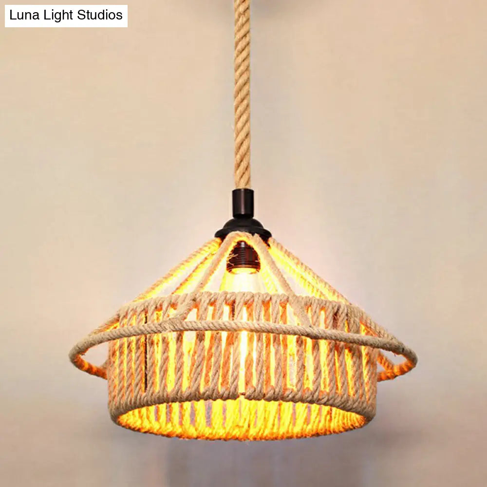 Rustic Hemp Rope Shaded Hanging Light - Brown Restaurant Pendant Fixture With 1 Bulb / M