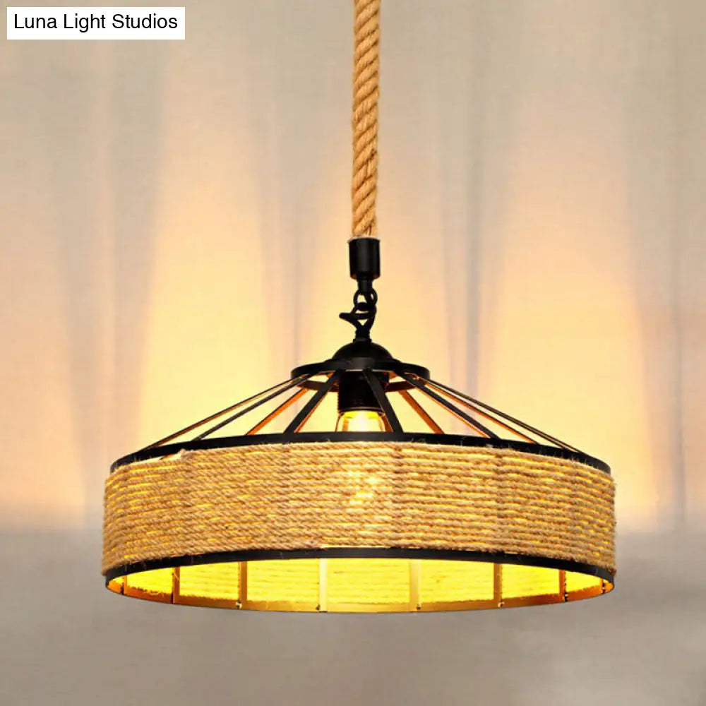 Rustic Hemp Rope Shaded Hanging Light - Brown Restaurant Pendant Fixture With 1 Bulb / B