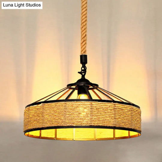 Rustic Hemp Rope Shaded Hanging Light - Brown Restaurant Pendant Fixture With 1 Bulb / B