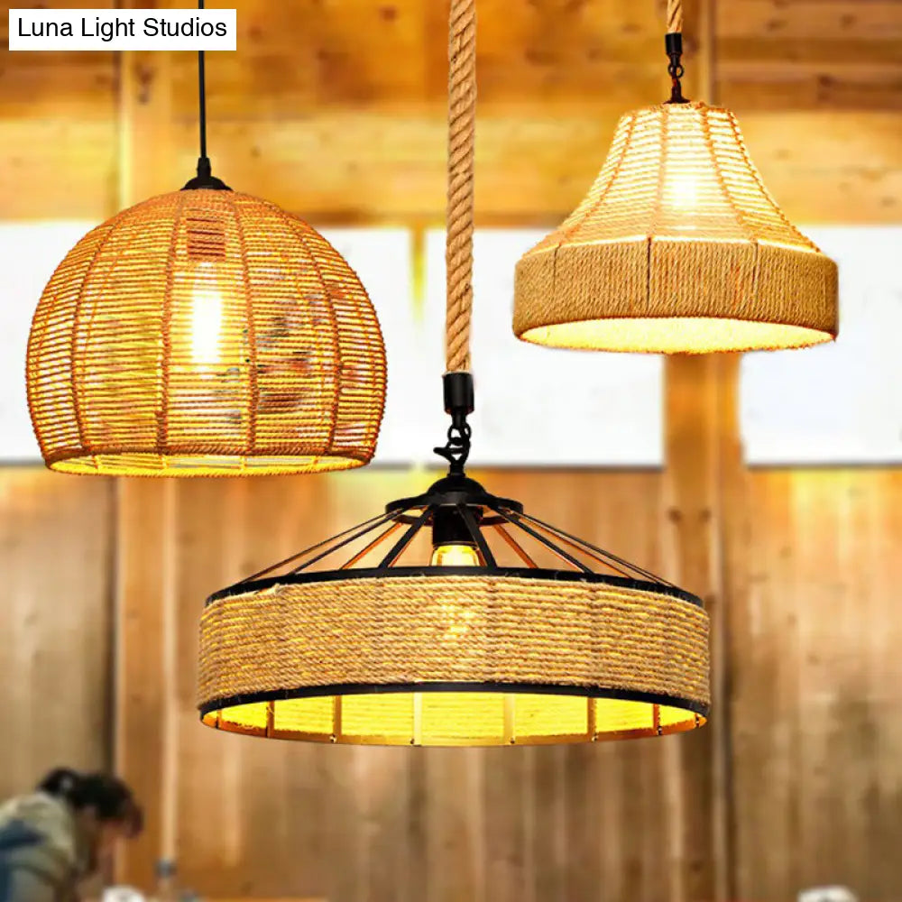 Rustic Hemp Rope Pendant Light Fixture - Brown Restaurant Hanging With Shaded 1Bulb