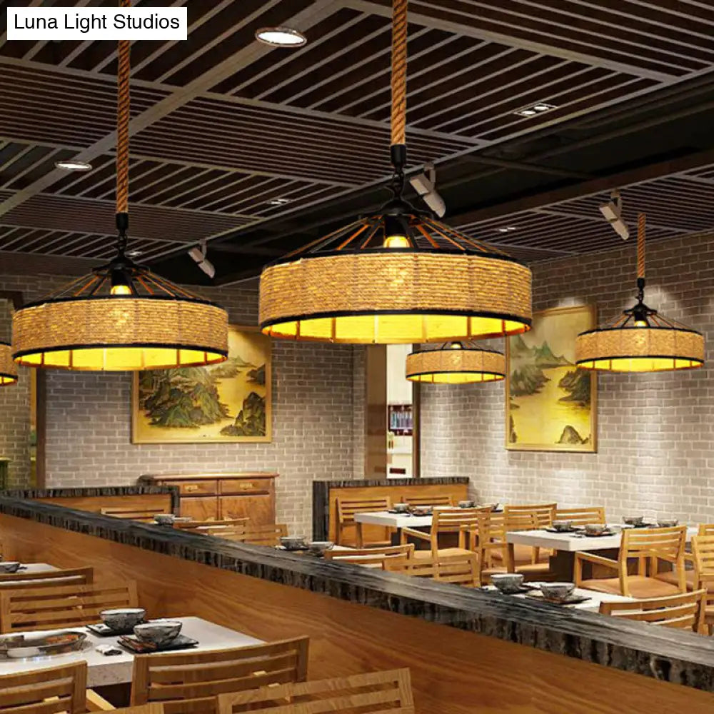 Rustic Hemp Rope Pendant Light Fixture - Brown Restaurant Hanging With Shaded 1Bulb