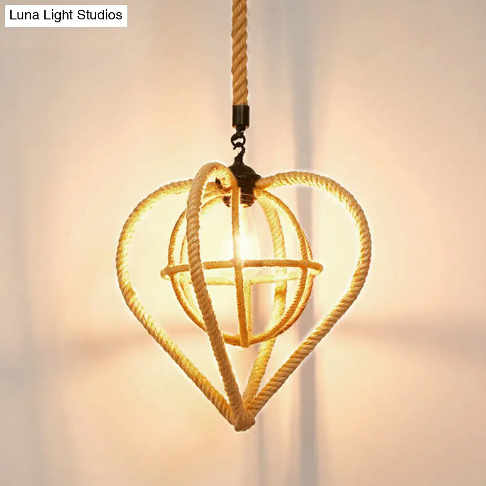 Rustic Hemp Rope Shaded Hanging Light - Brown Restaurant Pendant Fixture With 1 Bulb / N