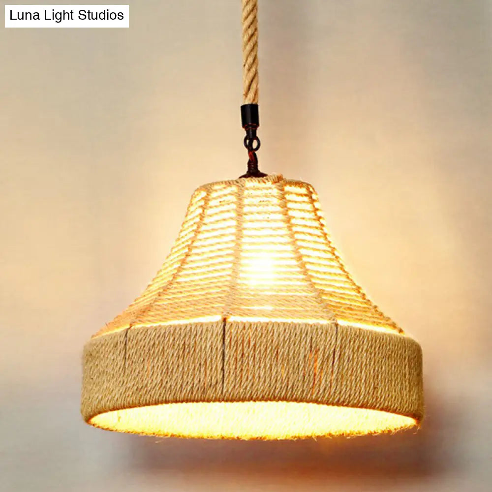 Rustic Hemp Rope Shaded Hanging Light - Brown Restaurant Pendant Fixture With 1 Bulb / C