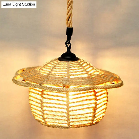 Rustic Hemp Rope Shaded Hanging Light - Brown Restaurant Pendant Fixture With 1 Bulb / A