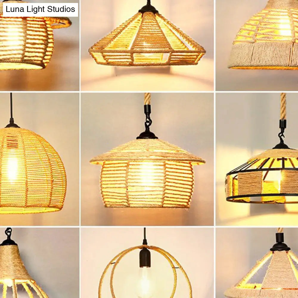 Rustic Hemp Rope Shaded Hanging Light - Brown Restaurant Pendant Fixture With 1 Bulb
