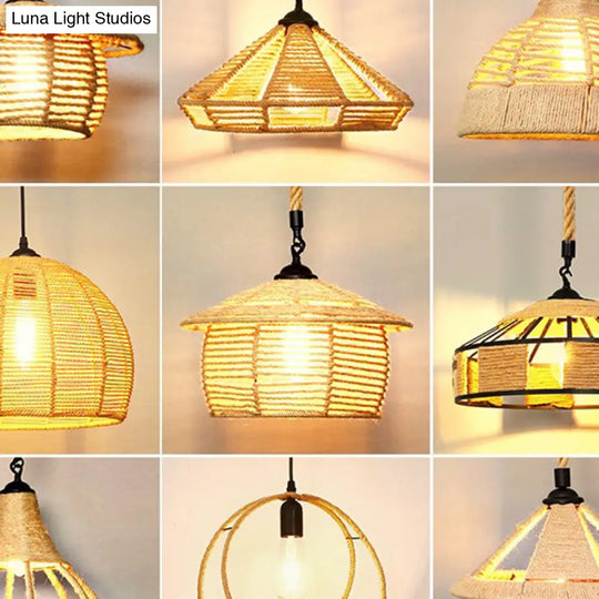 Rustic Hemp Rope Shaded Hanging Light - Brown Restaurant Pendant Fixture With 1 Bulb