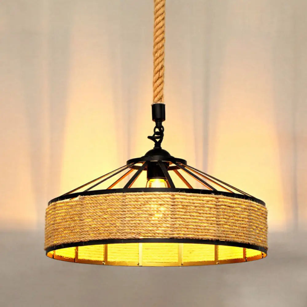 Rustic Hemp Rope Pendant Light Fixture - Brown Restaurant Hanging With Shaded 1Bulb / B