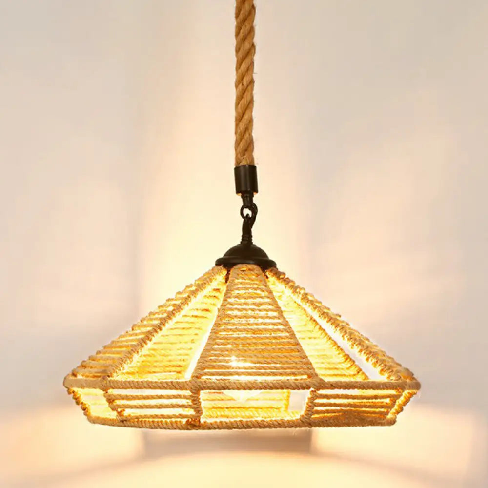 Rustic Hemp Rope Pendant Light Fixture - Brown Restaurant Hanging With Shaded 1Bulb / E