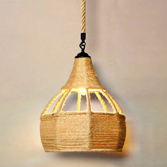 Rustic Hemp Rope Pendant Light Fixture - Brown Restaurant Hanging With Shaded 1Bulb / H
