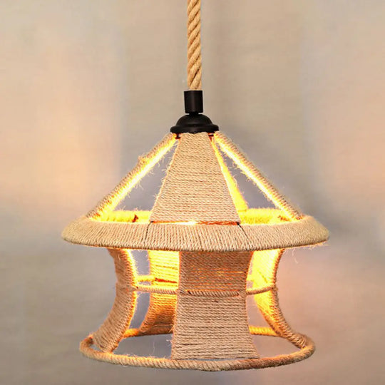 Rustic Hemp Rope Pendant Light Fixture - Brown Restaurant Hanging With Shaded 1Bulb / J
