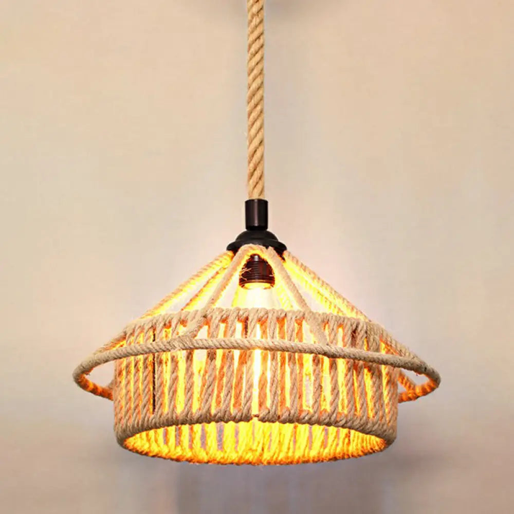 Rustic Hemp Rope Pendant Light Fixture - Brown Restaurant Hanging With Shaded 1Bulb / M