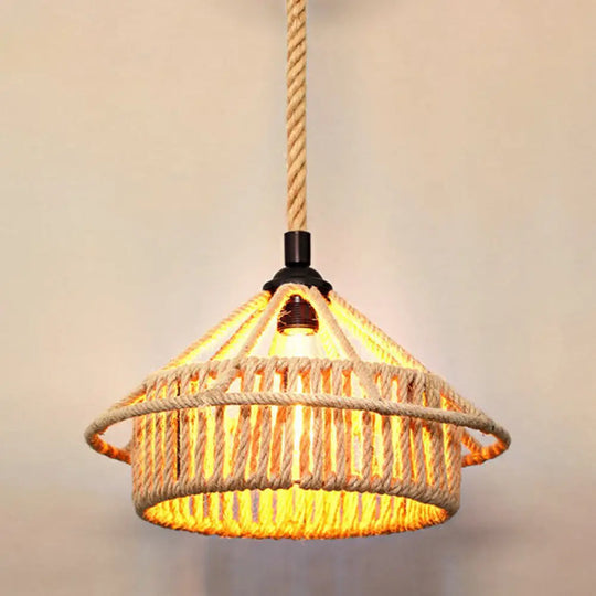 Rustic Hemp Rope Pendant Light Fixture - Brown Restaurant Hanging With Shaded 1Bulb / M