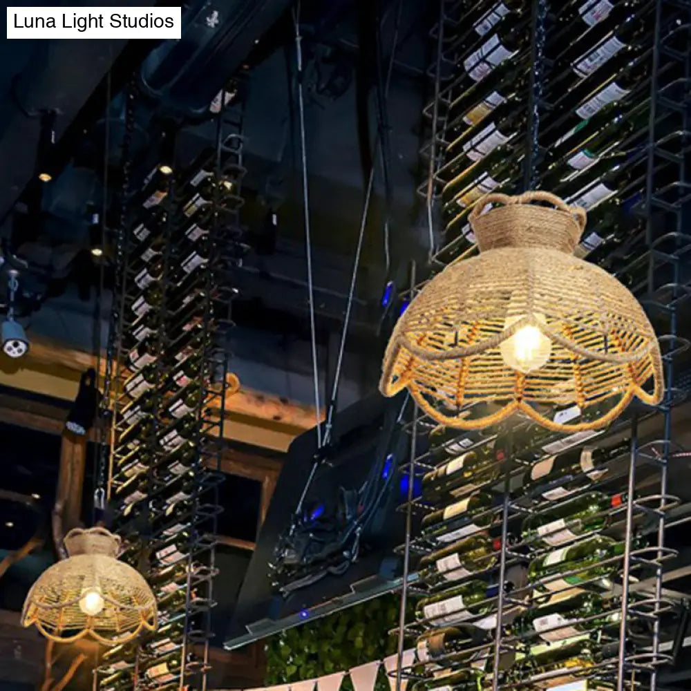 Rustic Hemp Rope Pendant Light Fixture In Brown - Vintage Wrapped Hanging Lamp With 1 Bulb