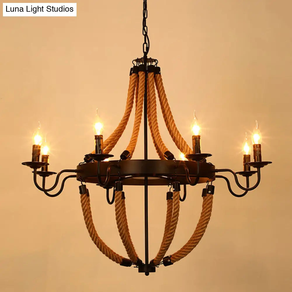 Rustic Hemp Rope Chandelier - Black Dangling Suspension Light For Restaurants 8 / D