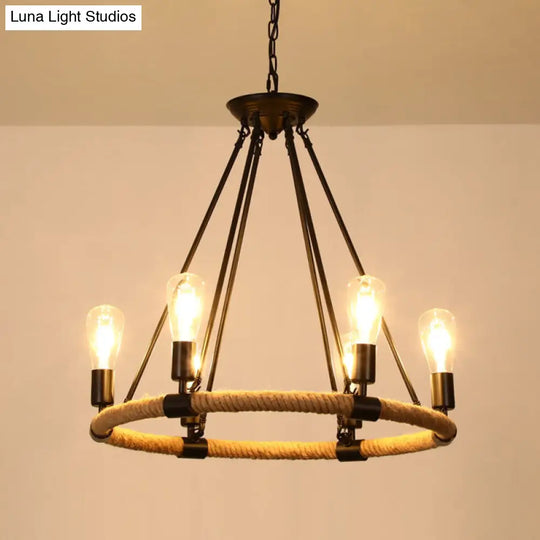 Rustic Hemp Rope Chandelier - Black Dangling Suspension Light For Restaurants 6 / B