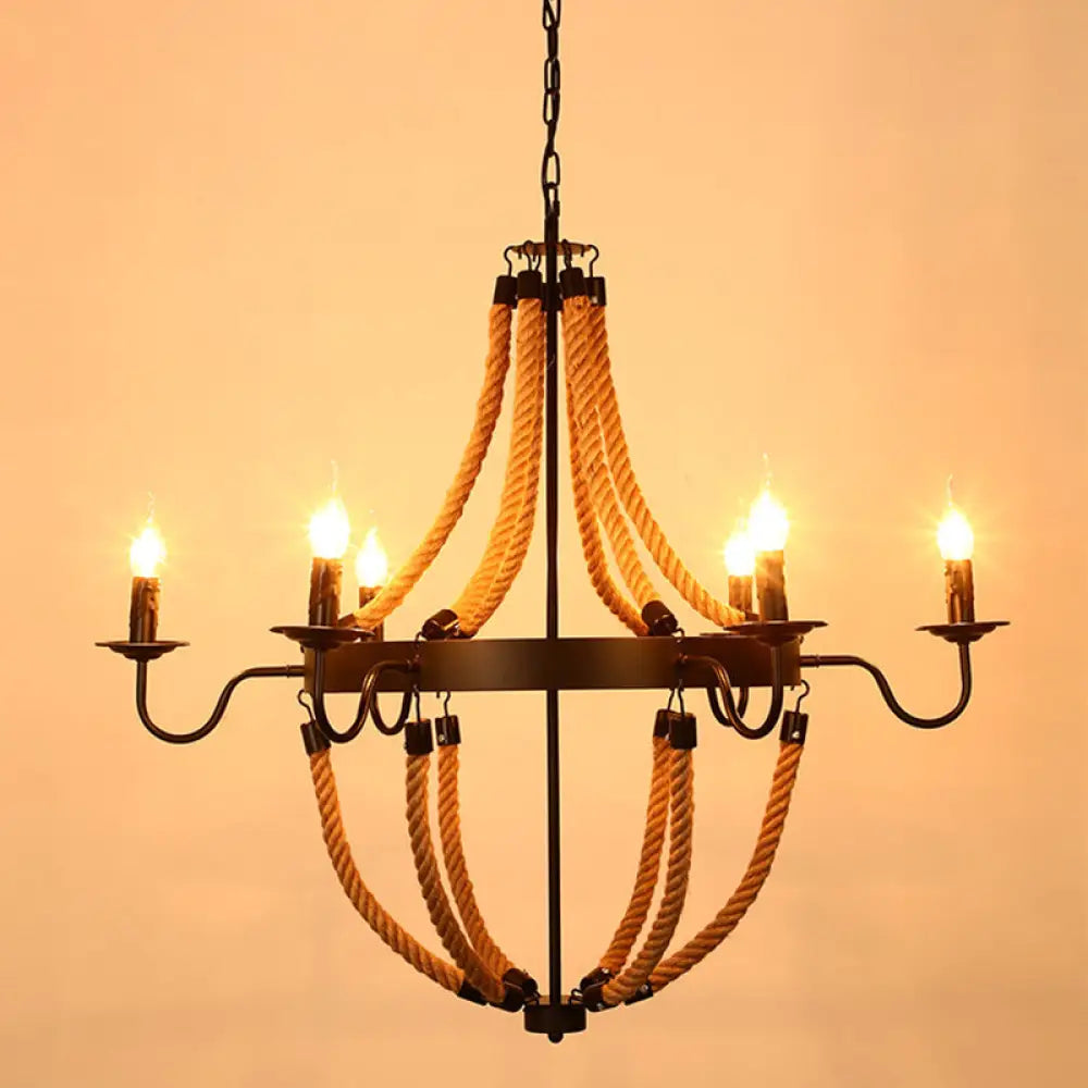 Rustic Hemp Rope Restaurant Chandelier With Black Dangling Suspension Light 6 / D