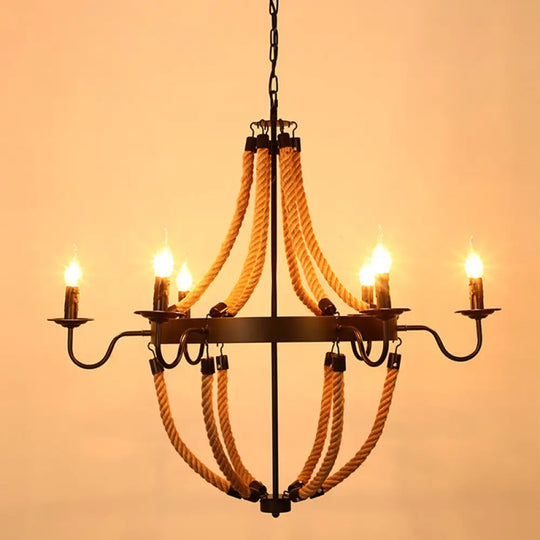 Rustic Hemp Rope Restaurant Chandelier With Black Dangling Suspension Light 6 / D