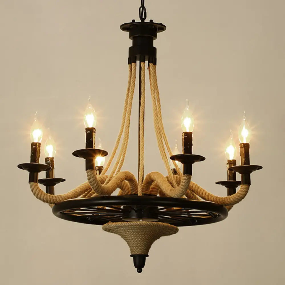 Rustic Hemp Rope Restaurant Chandelier With Black Dangling Suspension Light 8 / C