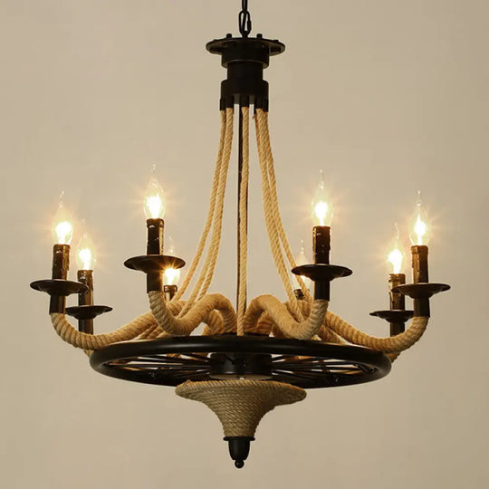 Rustic Hemp Rope Restaurant Chandelier With Black Dangling Suspension Light 8 / C