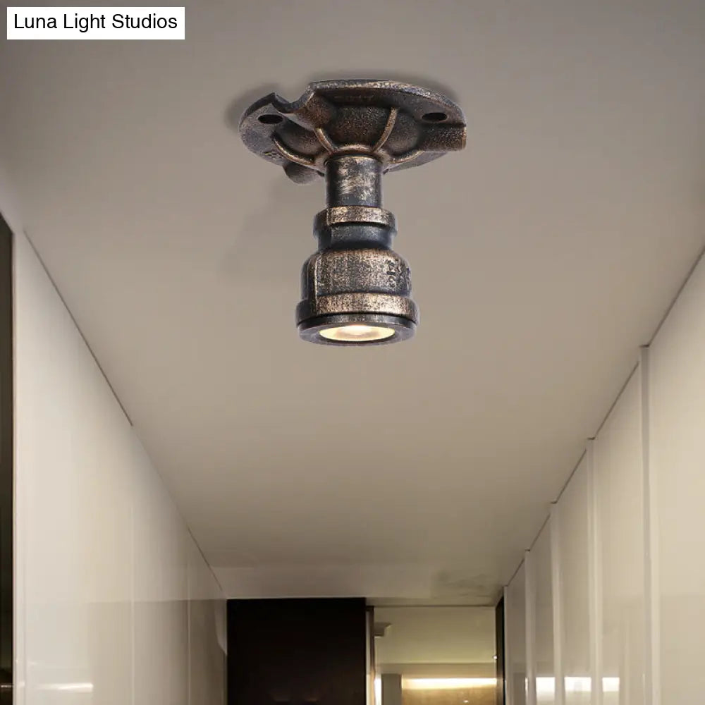 Rustic Industrial Antique Brass Water Pipe Ceiling Light With 1 Metal Semi Flush Mount - Perfect For