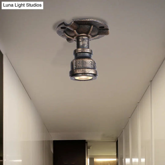 Rustic Industrial Antique Brass Water Pipe Ceiling Light With 1 Metal Semi Flush Mount - Perfect For