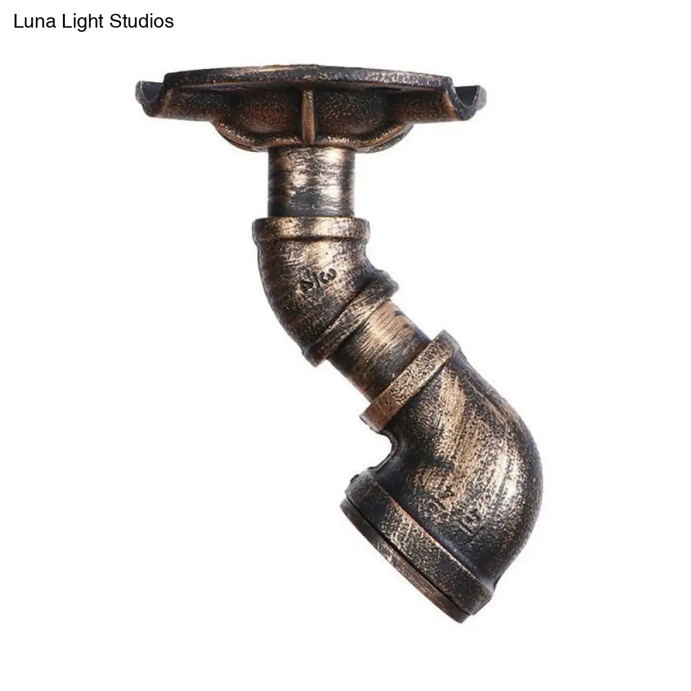 Rustic Industrial Antique Brass Water Pipe Ceiling Light With 1 Metal Semi Flush Mount - Perfect For