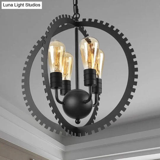 Rustic Industrial Circle Frame Chandelier With 4 Heads Gear Design Black/Rust Iron Ceiling Lighting