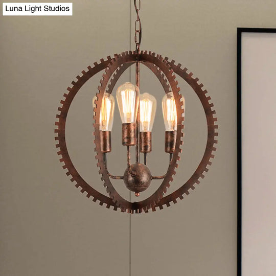 Rustic Industrial Circle Frame Chandelier With 4 Heads Gear Design Black/Rust Iron Ceiling Lighting