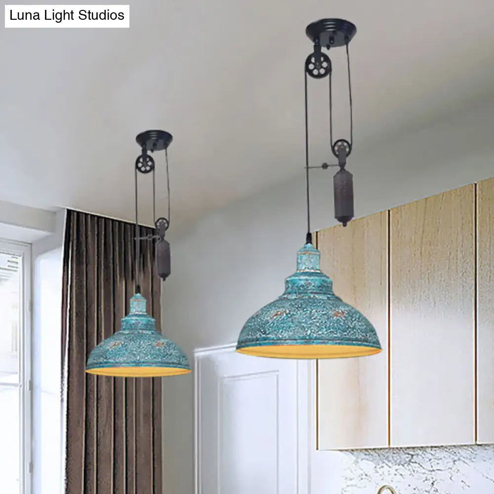 Rustic Industrial Dome Pendant Lamp With Pulley - 1 Light Brown/Grey Fixture For Living Room