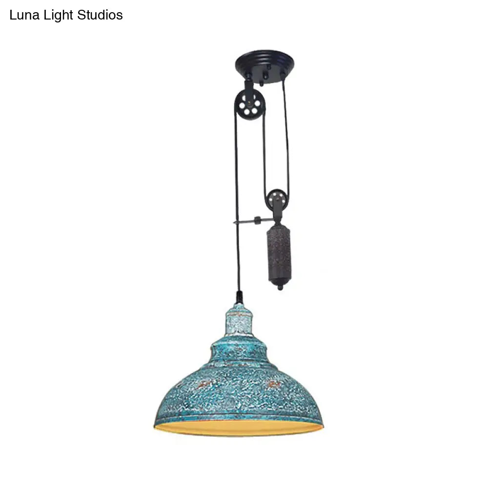 Rustic Industrial Dome Pendant Lamp With Pulley - 1 Light Metal Fixture In Brown/Grey For Living