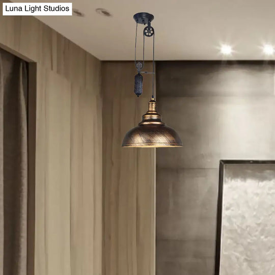 Rustic Industrial Dome Pendant Lamp With Pulley - 1 Light Metal Fixture In Brown/Grey For Living