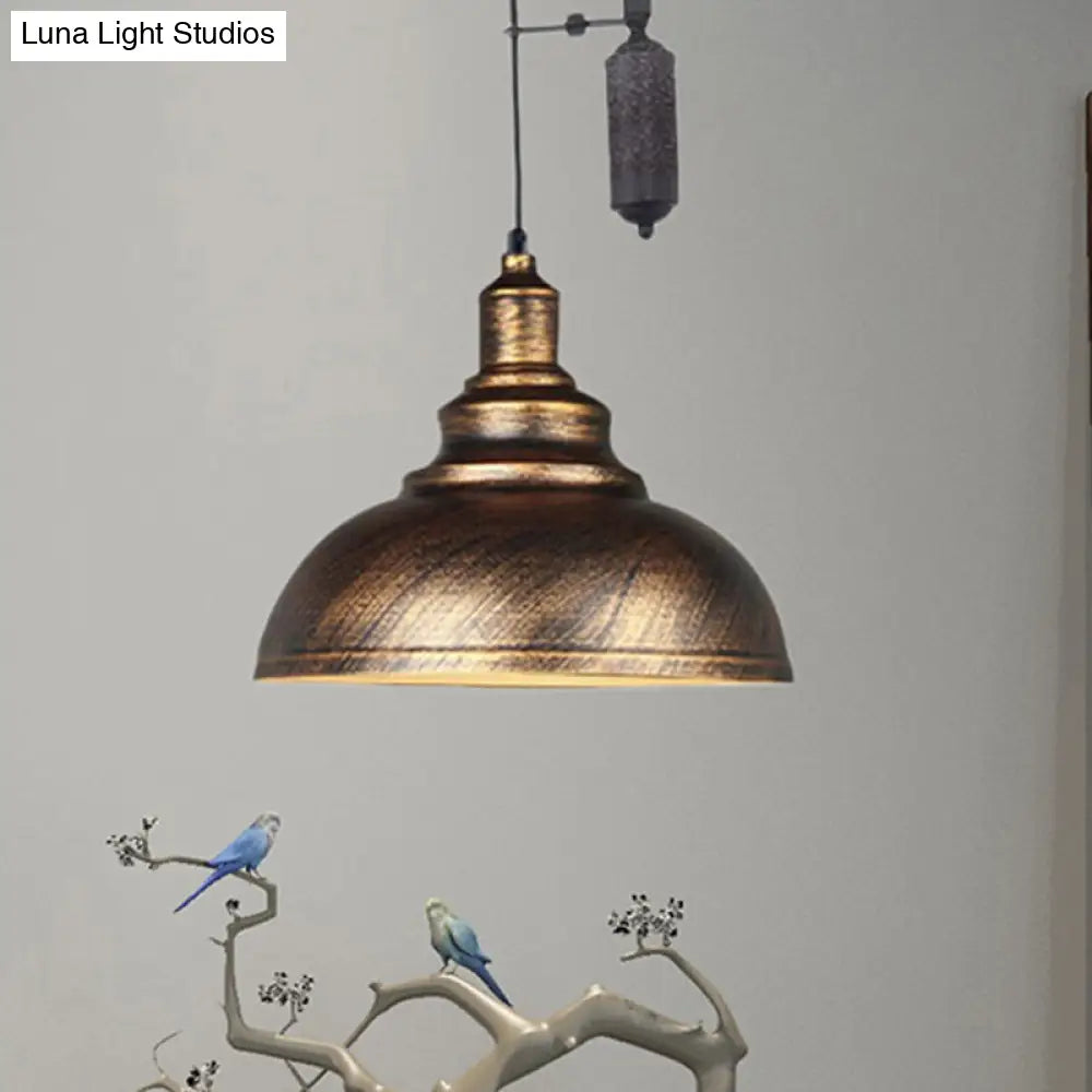 Rustic Industrial Dome Pendant Lamp With Pulley - 1 Light Brown/Grey Fixture For Living Room