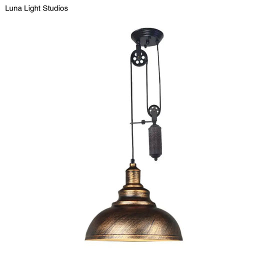 Rustic Industrial Dome Pendant Lamp With Pulley - 1 Light Metal Fixture In Brown/Grey For Living