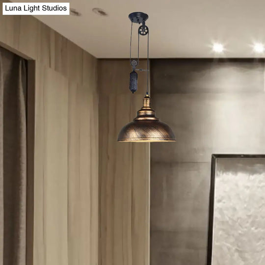 Rustic Industrial Dome Pendant Lamp With Pulley - 1 Light Brown/Grey Fixture For Living Room