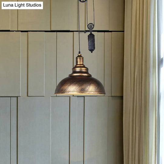 Rustic Industrial Dome Pendant Lamp With Pulley - 1 Light Brown/Grey Fixture For Living Room