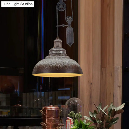 Rustic Industrial Dome Pendant Lamp With Pulley - 1 Light Metal Fixture In Brown/Grey For Living