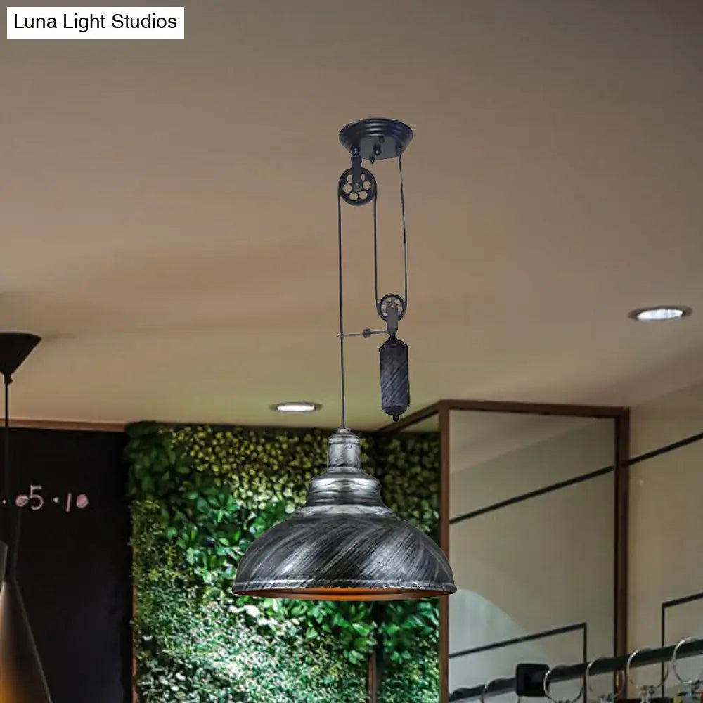 Rustic Industrial Dome Pendant Lamp With Pulley - 1 Light Brown/Grey Fixture For Living Room