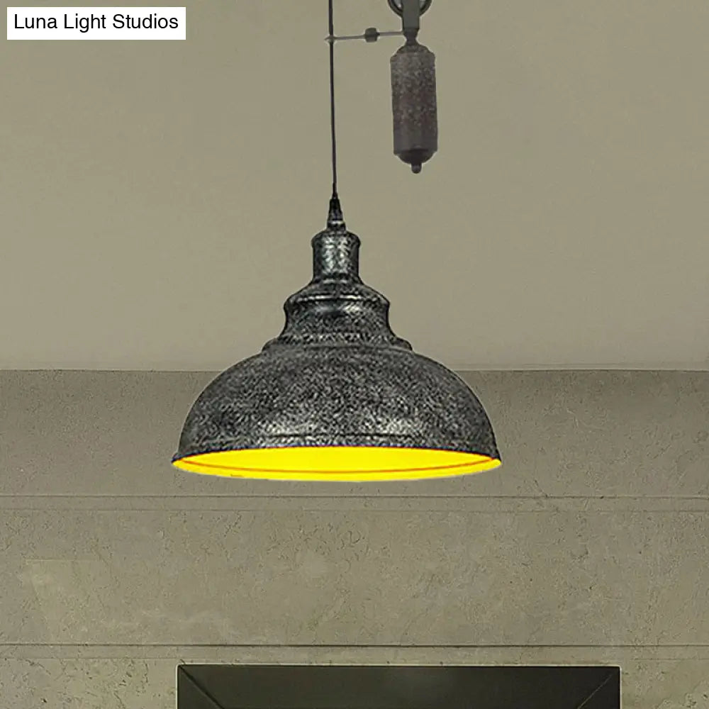 Rustic Industrial Dome Pendant Lamp With Pulley - 1 Light Metal Fixture In Brown/Grey For Living