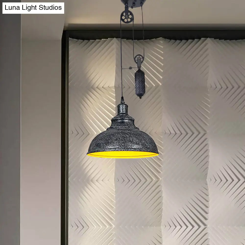 Rustic Industrial Dome Pendant Lamp With Pulley - 1 Light Metal Fixture In Brown/Grey For Living