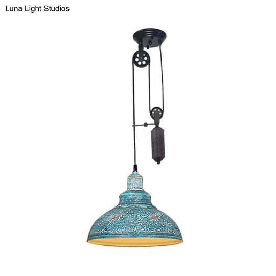 Rustic Industrial Dome Pendant Lamp With Pulley - 1 Light Brown/Grey Fixture For Living Room