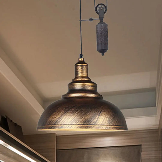 Rustic Industrial Dome Pendant Lamp With Pulley - 1 Light Metal Fixture In Brown/Grey For Living