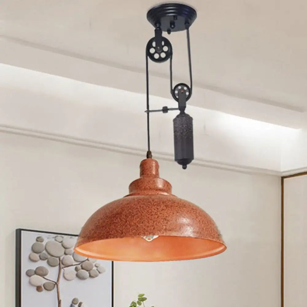 Rustic Industrial Dome Pendant Lamp With Pulley - 1 Light Metal Fixture In Brown/Grey For Living