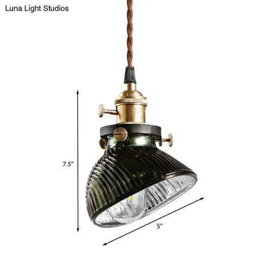 Rustic Industrial Green Ribbed Glass Hanging Pendant Light: Bowl Design 1-Light Drop Lamp