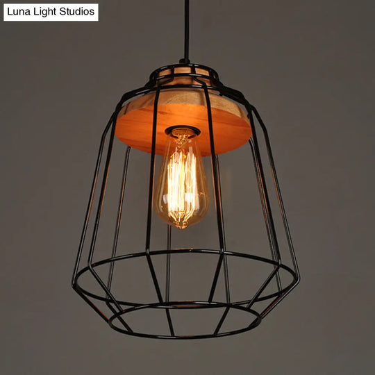 Rustic Iron Pendant Light - Black Cage/Barn/Pot Shaped 1 Bulb Restaurant Hanging Ceiling With Wood