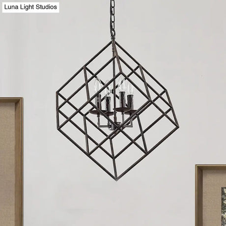 Rustic Iron Chandelier Pendant With 4 Lights - Vintage Loft Hanging Lamp For Restaurants Cubic Cage