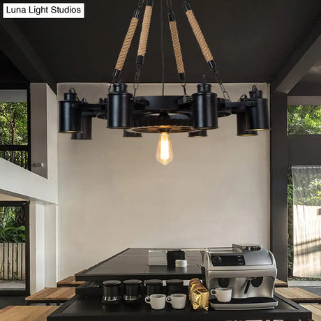 Rustic Iron Cylinder Chandelier With 9 Black Rope Heads And Gear Deco For Living Room Ceiling