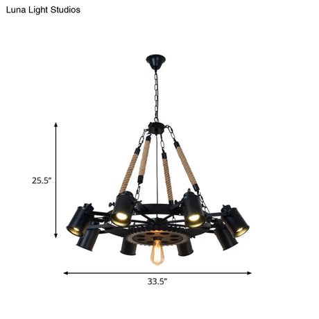 Rustic Iron Cylinder Chandelier With 9 Black Rope Heads And Gear Deco For Living Room Ceiling
