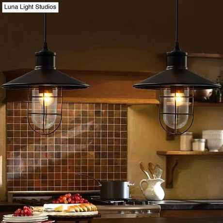Rustic Iron Saucer Dining Room Pendulum Light - Black Pendant Lamp With 2 Extra Shade Guards