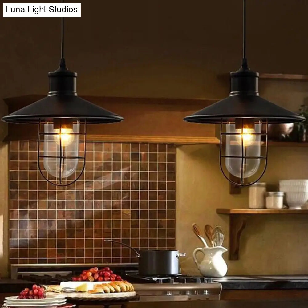 Rustic Iron Saucer Dining Room Pendulum Light - Black Pendant Lamp With 2 Extra Shade Guards